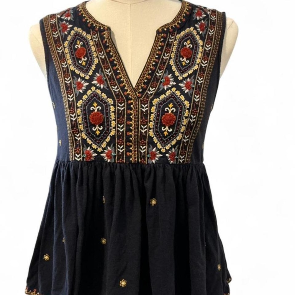 Anthropologie Peplum Top Women XS Navy Blue Embroidered Boho Sleeveless